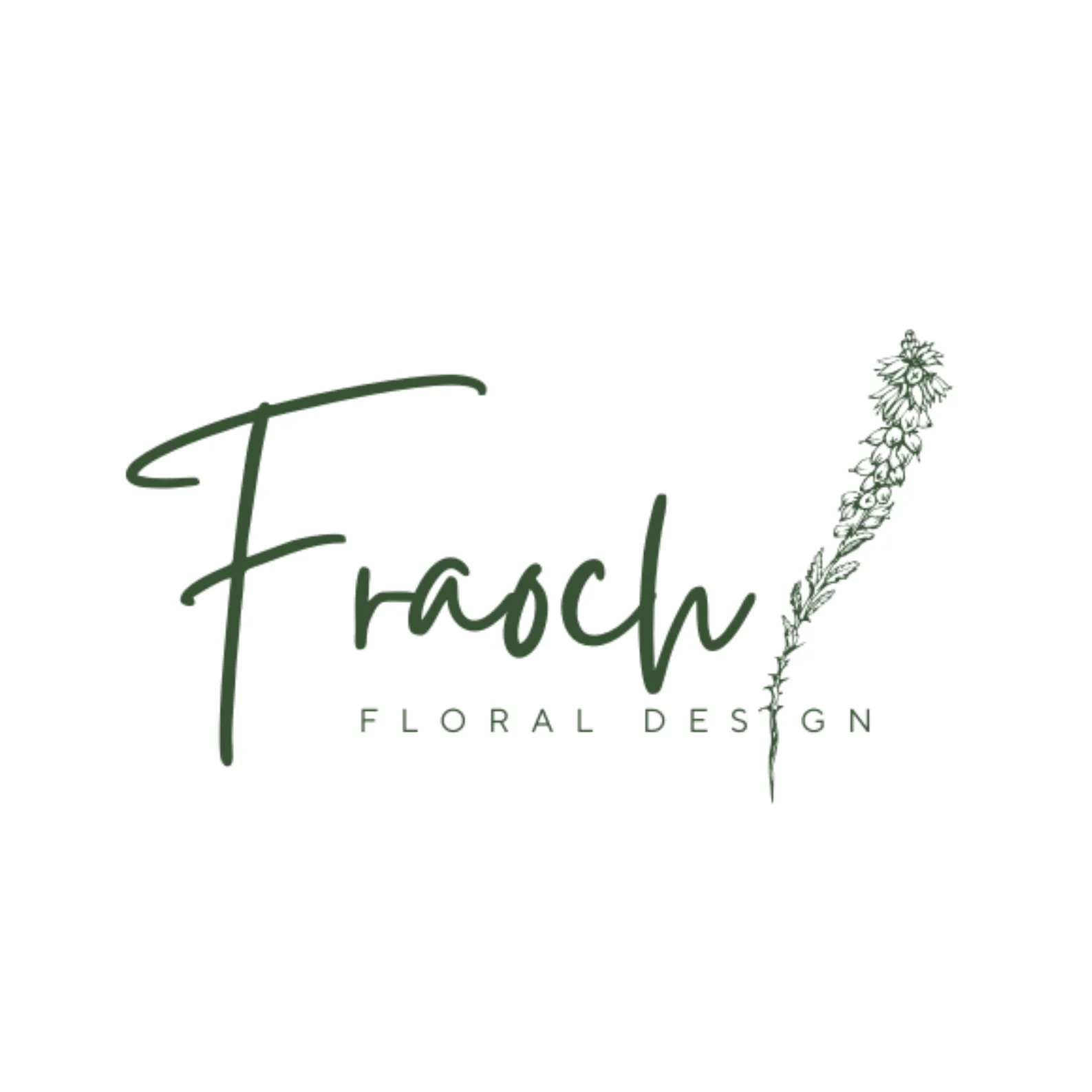 fraoch floral design logo for frasch floral design: green cursive text with a tall green floral stem to the right.