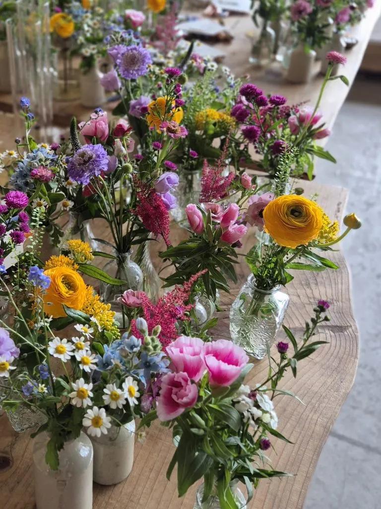 fraoch floral design colorful flower bouquets in glass vases arranged along a wooden table